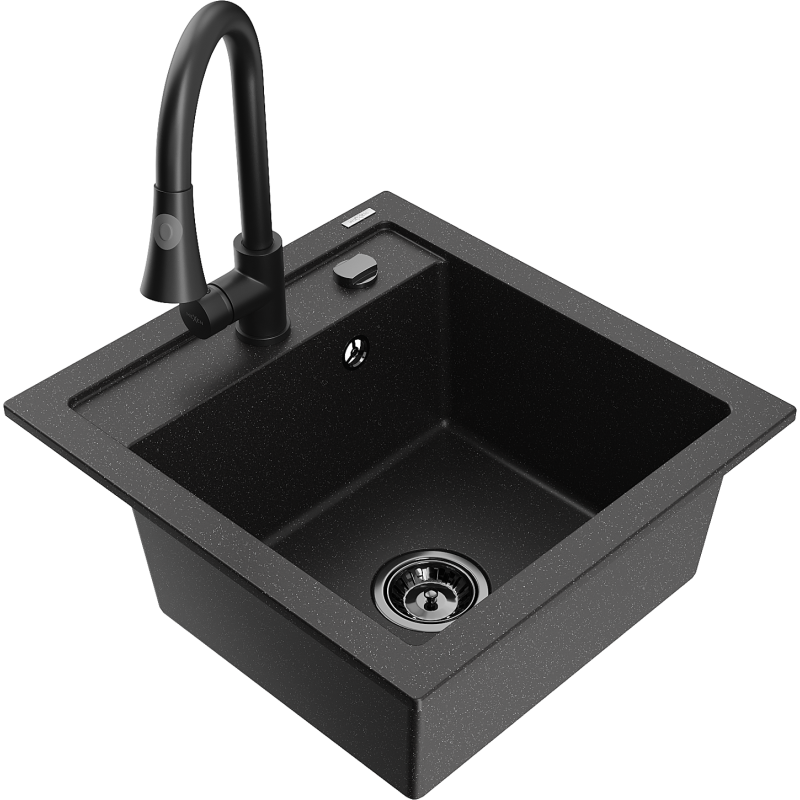 Mexen Vito Granitspüle 1-beckig mit Küchenarmatur Elia, schwarz/silberner Metallic - 6503-73-670101-70-B
