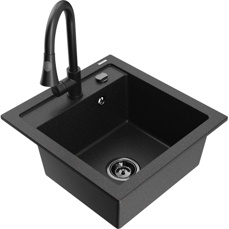 Mexen Vito Granitspüle 1-beckig mit Küchenarmatur Elia, schwarz/silberner Metallic - 6503-73-670101-70-B
