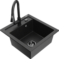 Mexen Vito Granitspüle 1-beckig mit Küchenarmatur Elia, schwarz/silberner Metallic - 6503-73-670101-70-B