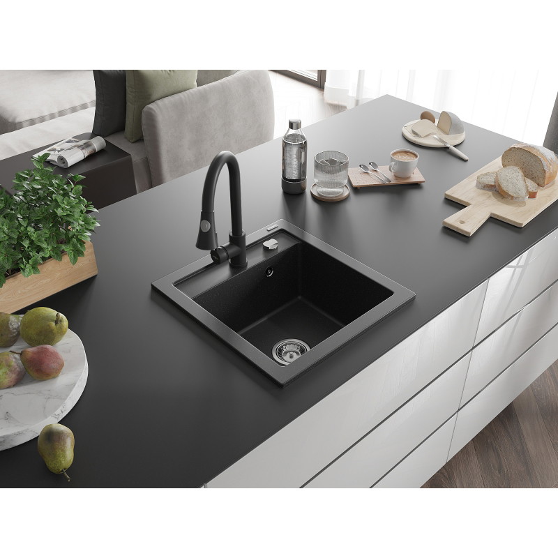 Mexen Vito lavello in granito a 1 vasca con miscelatore da cucina Elia, nero/metallizzato argento - 6503-73-670101-70
