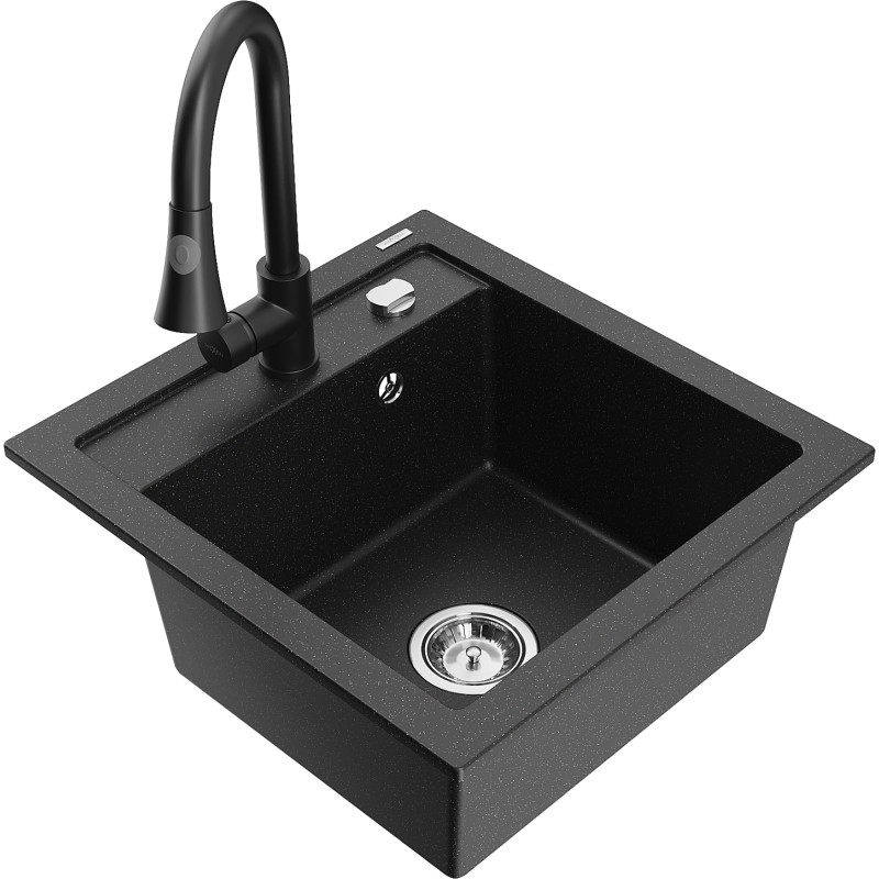 Mexen Vito 1-Komponenten Granitspüle mit Küchenarmatur Elia, schwarz/silber metallic - 6503-73-670101-70