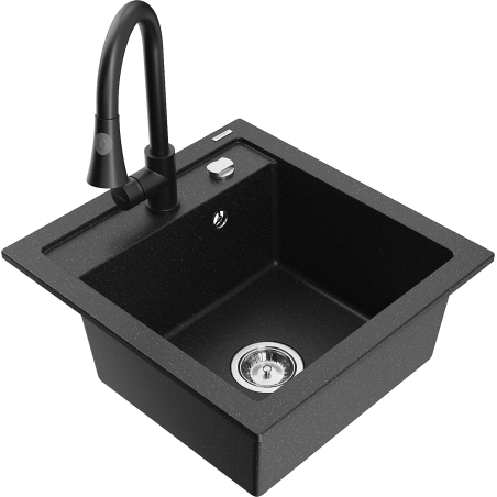 Mexen Vito granit gootsteen 1-kompartement met keukenmengkraan Elia, zwart/zilver metallic - 6503-73-670101-70