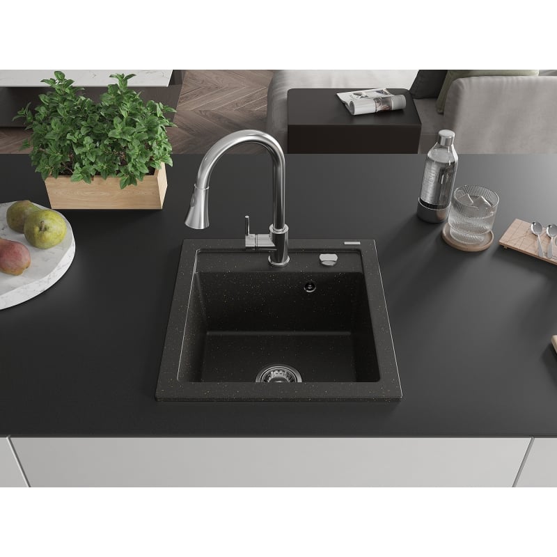Mexen Vito granitische spoelbak met 1 bak en keukenmengkraan Elia, zwart/goud metallic - 6503-75-670101-00