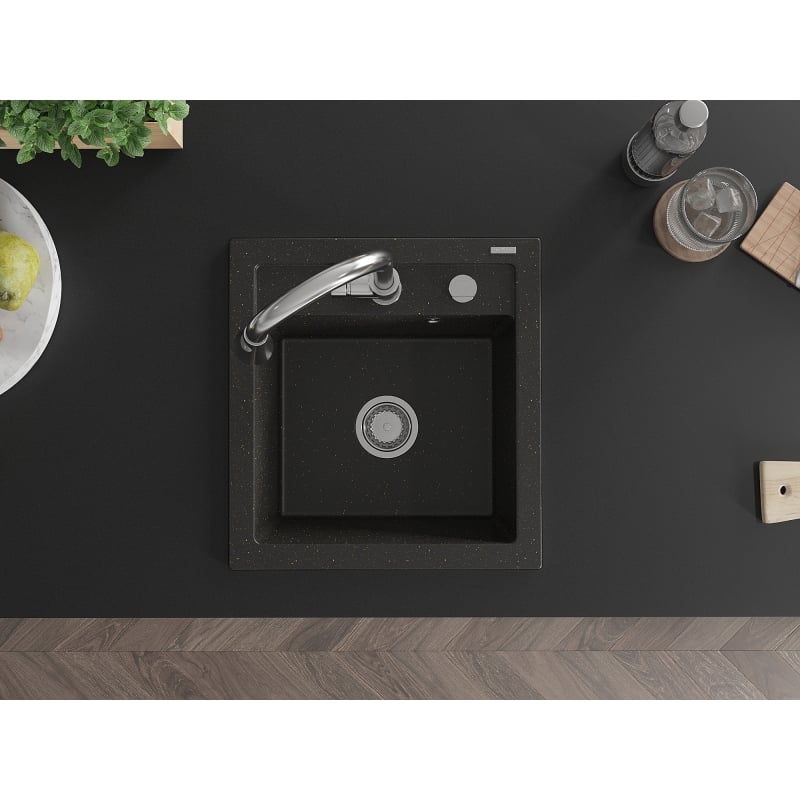 Mexen Vito granitische spoelbak met 1 bak en keukenmengkraan Elia, zwart/goud metallic - 6503-75-670101-00