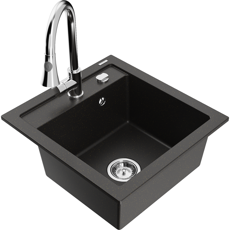 Mexen Vito 1-bowl granite kitchen sink with Elia kitchen tap, black/gold metallic - 6503-75-670101-00