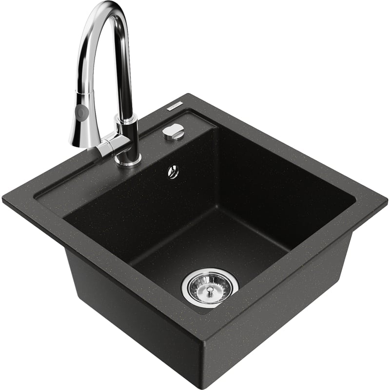 Mexen Vito granitische spoelbak met 1 bak en keukenmengkraan Elia, zwart/goud metallic - 6503-75-670101-00