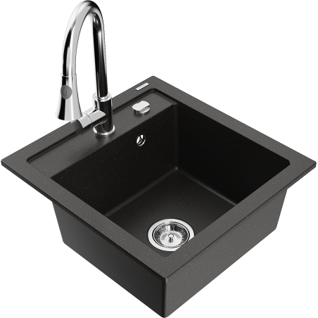 Mexen Vito Granitspüle 1-Kammer mit Küchenarmatur Elia, schwarz/gold metallic - 6503-75-670101-00