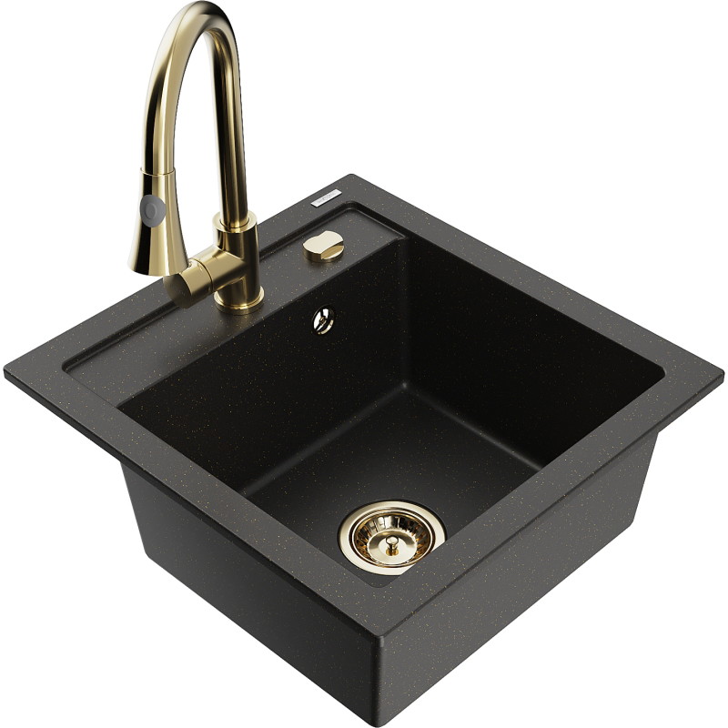Mexen Vito Granitspüle 1-beckig mit Küchenarmatur Elia, schwarz/gold-metallic - 6503-75-670101-50