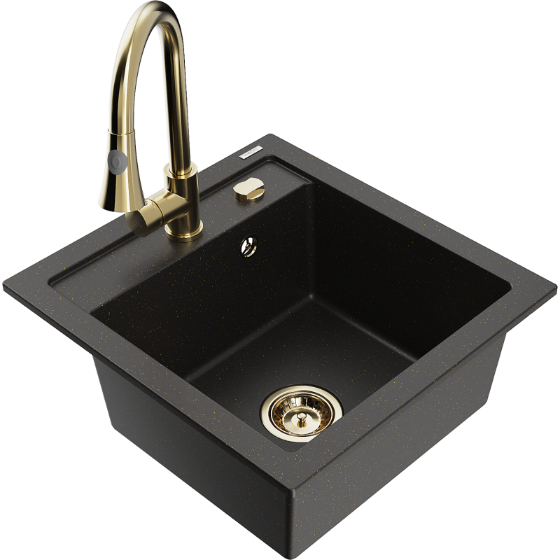 Mexen Vito lava-loiça granito com 1 bacia com torneira de cozinha Elia, preto/ouro metálico - 6503-75-670101-50