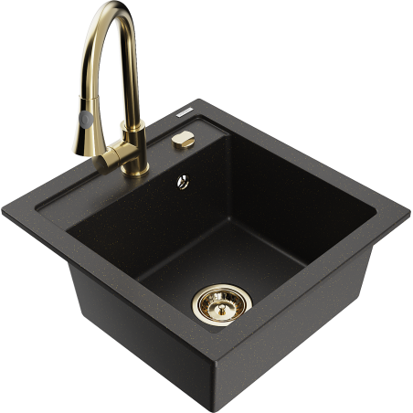 Mexen Vito granite sink 1-bowl with kitchen faucet Elia, black/gold metallic - 6503-75-670101-50