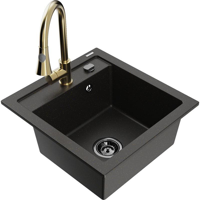Mexen Vito lavello in granito a 1 vasca con rubinetto da cucina Elia, nero/oro metallizzato - 6503-75-670101-50-B