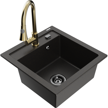 Mexen Vito granite kitchen sink 1-bowl with Elia kitchen tap, black/gold metallic - 6503-75-670101-50-B