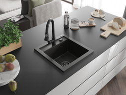 Mexen Vito Granitspüle 1-Becken mit Küchenarmatur Elia, Schwarz/Gold Metallic - 6503-75-670101-70-B