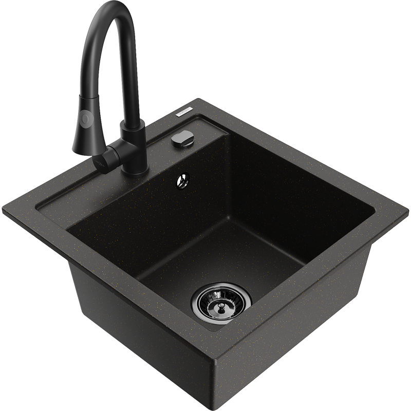 Mexen Vito évier en granit 1 bac avec robinet de cuisine Elia, noir/doré métallique - 6503-75-670101-70-B