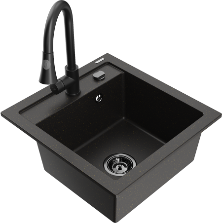 Mexen Vito évier en granit 1 bac avec robinet de cuisine Elia, noir/doré métallique - 6503-75-670101-70-B