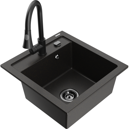 Mexen Vito granieten spoelbak 1-compartiment met keukenmengkraan Elia, zwart/gouden metallic - 6503-75-670101-70-B