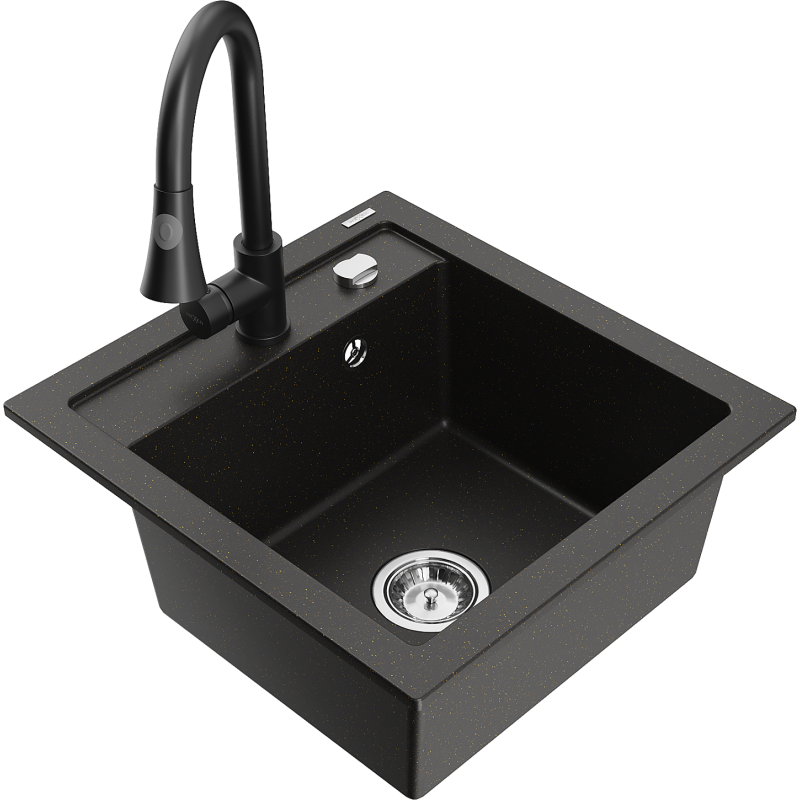 Mexen Vito fregadero de granito de 1 cubeta con grifo de cocina Elia, negro/dorado metálico - 6503-75-670101-70