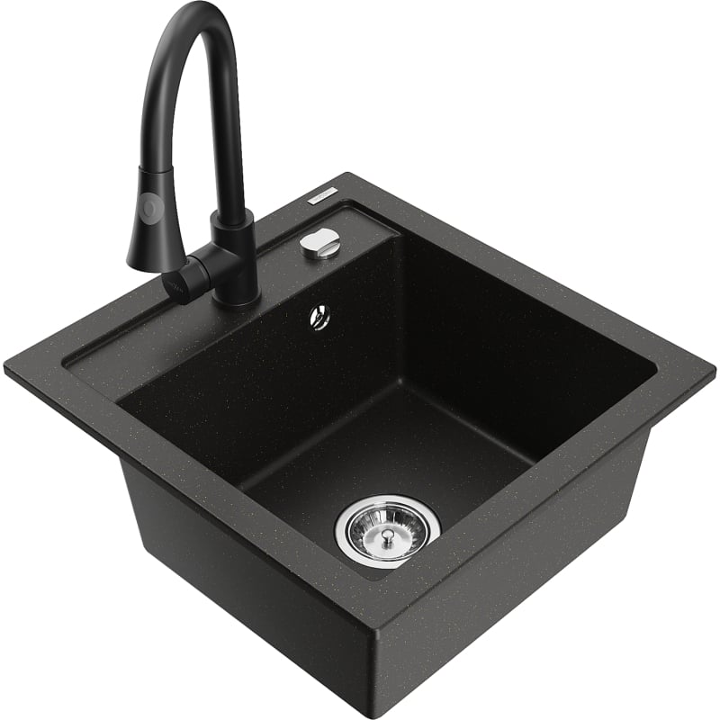 Mexen Vito granite single-bowl sink with Elia kitchen faucet, black/golden metallic - 6503-75-670101-70