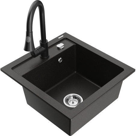 Mexen Vito granite single-bowl sink with Elia kitchen faucet, black/golden metallic - 6503-75-670101-70