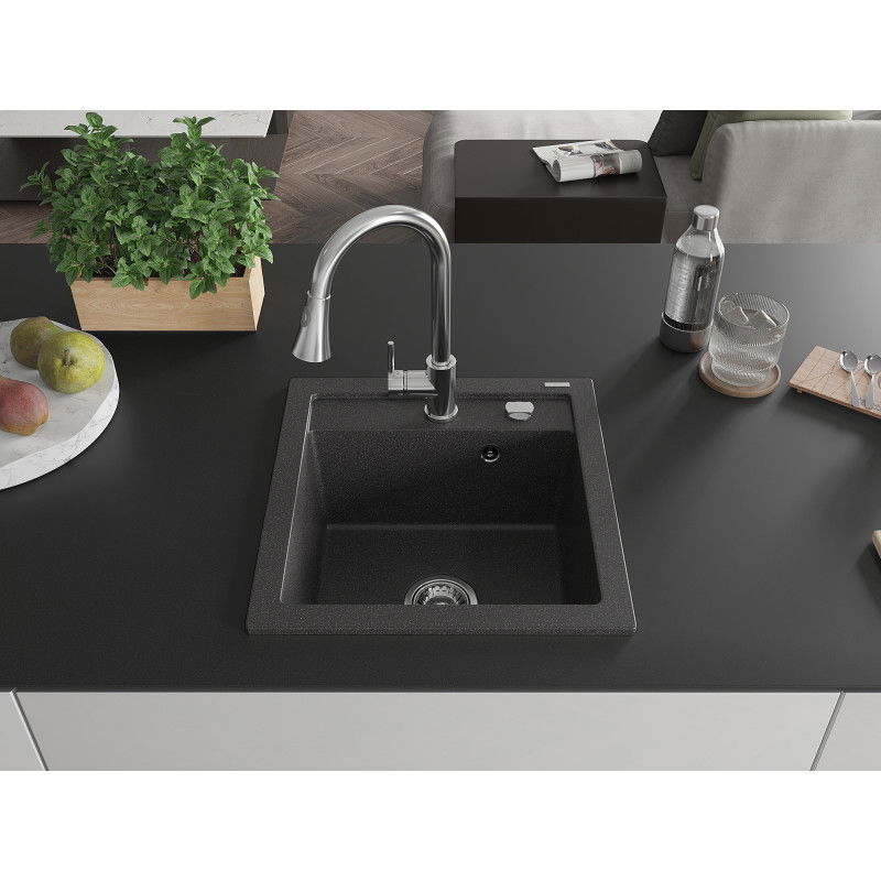 Mexen Vito 1-bowl granite sink with Elia kitchen tap, black speckled - 6503-76-670101-00