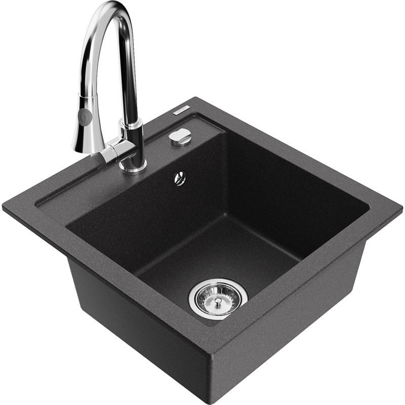 Mexen Vito fregadero de granito de 1 tazón con grifo de cocina Elia, negro moteado - 6503-76-670101-00