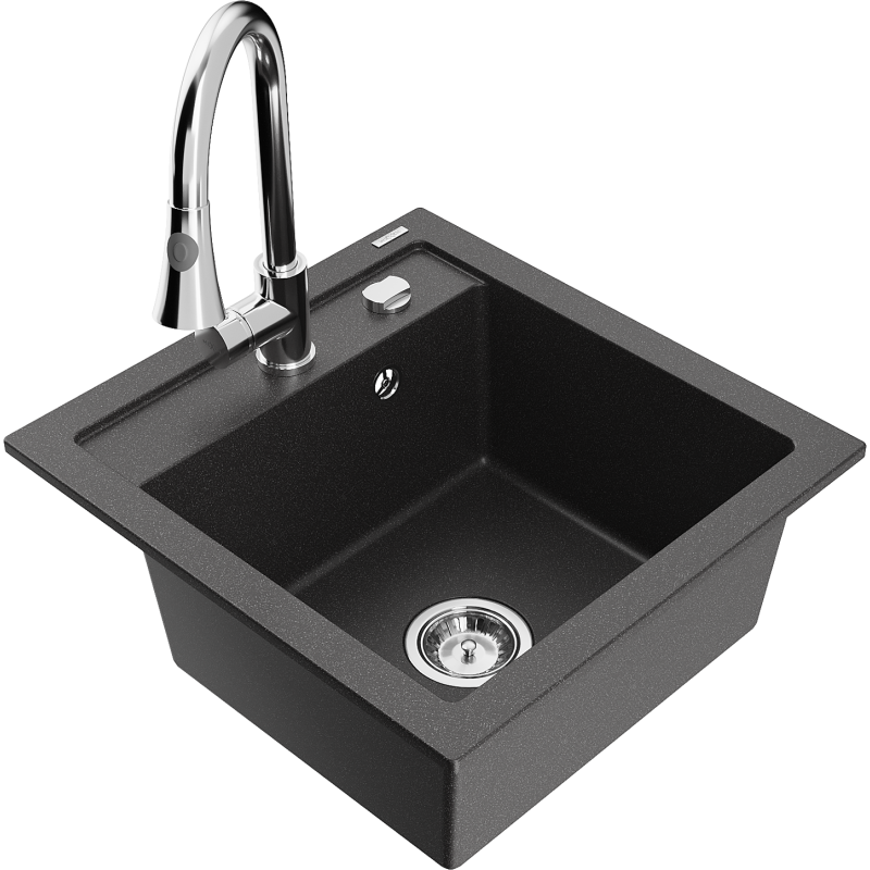 Mexen Vito lavello in granito a 1 vasca con rubinetto da cucina Elia, nero maculato - 6503-76-670101-00
