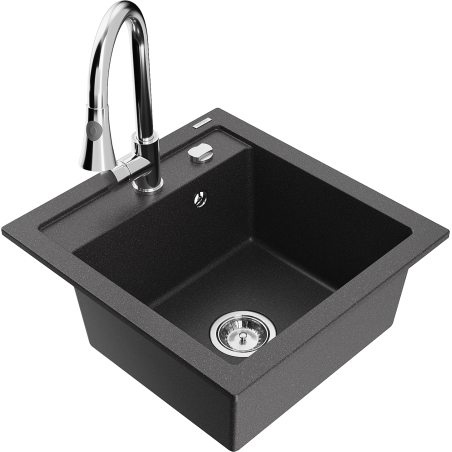Mexen Vito granīta izlietne ar vienu nodalījumu un virtuves jaucējkrānu Elia, melna ar plankumiem - 6503-76-670101-00