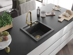 Mexen Vito granite kitchen sink 1-bowl with kitchen faucet Elia, black speckled - 6503-76-670101-50