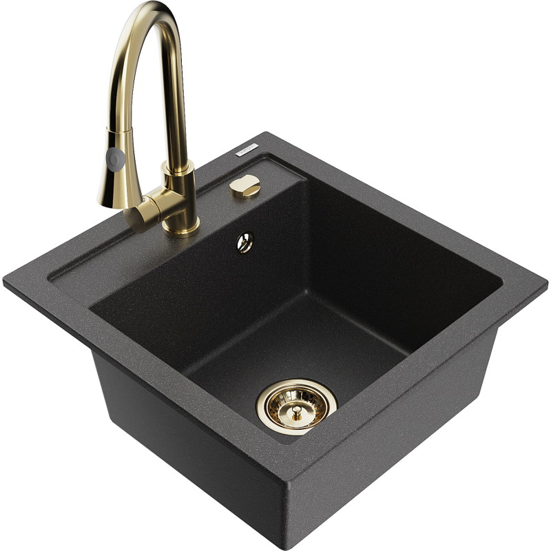 Mexen Vito fregadero de granito de 1 cubeta con grifo de cocina Elia, negro moteado - 6503-76-670101-50