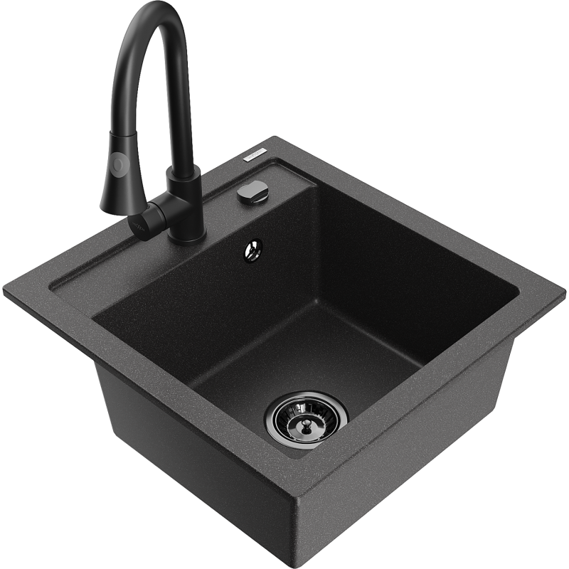 Mexen Vito fregadero de granito de 1 cubeta con grifo de cocina Elia, negro moteado - 6503-76-670101-70-B