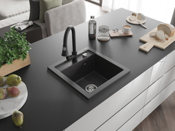Mexen Vito évier en granit 1-bassin avec robinet de cuisine Elia, noir moucheté - 6503-76-670101-70