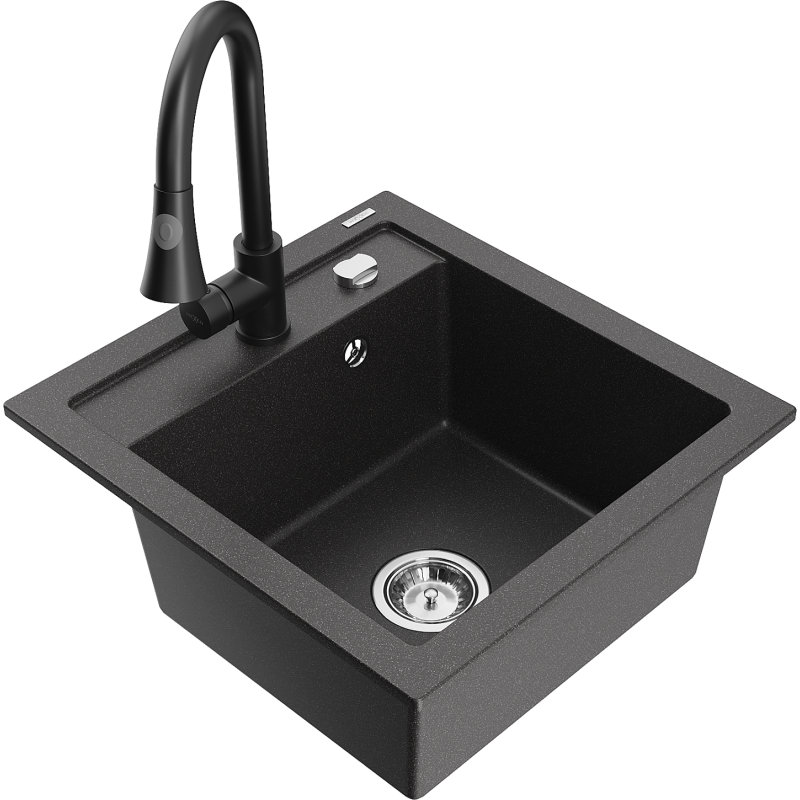 Mexen Vito fregadero de granito de 1 cubeta con grifo de cocina Elia, negro moteado - 6503-76-670101-70
