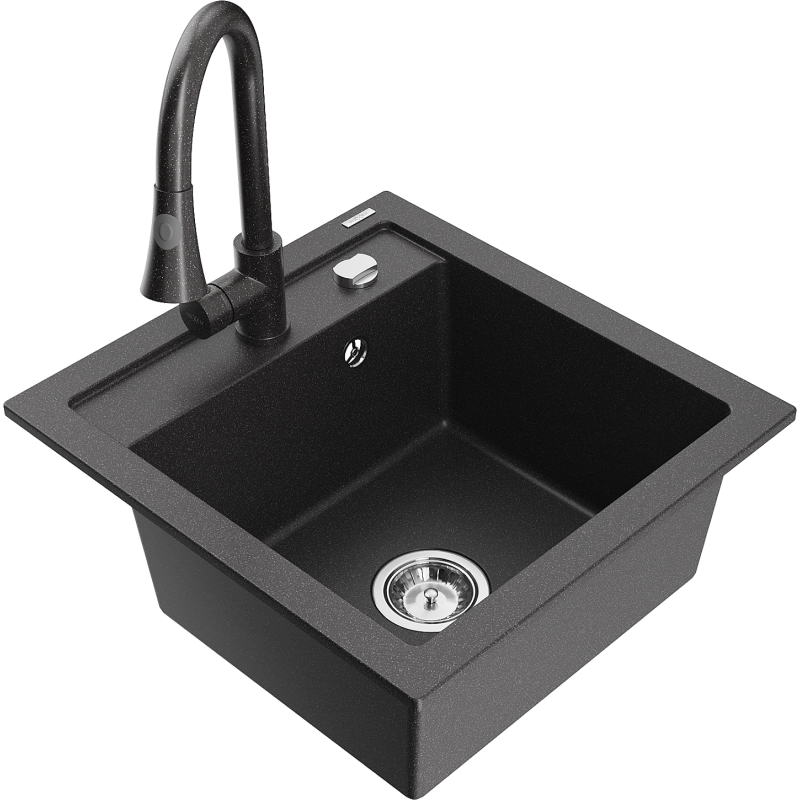 Mexen Vito 1-bowl granite sink with Elia kitchen tap, speckled black - 6503-76-670101-76
