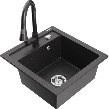 Mexen Vito 1-bowl granite sink with Elia kitchen tap, speckled black - 6503-76-670101-76