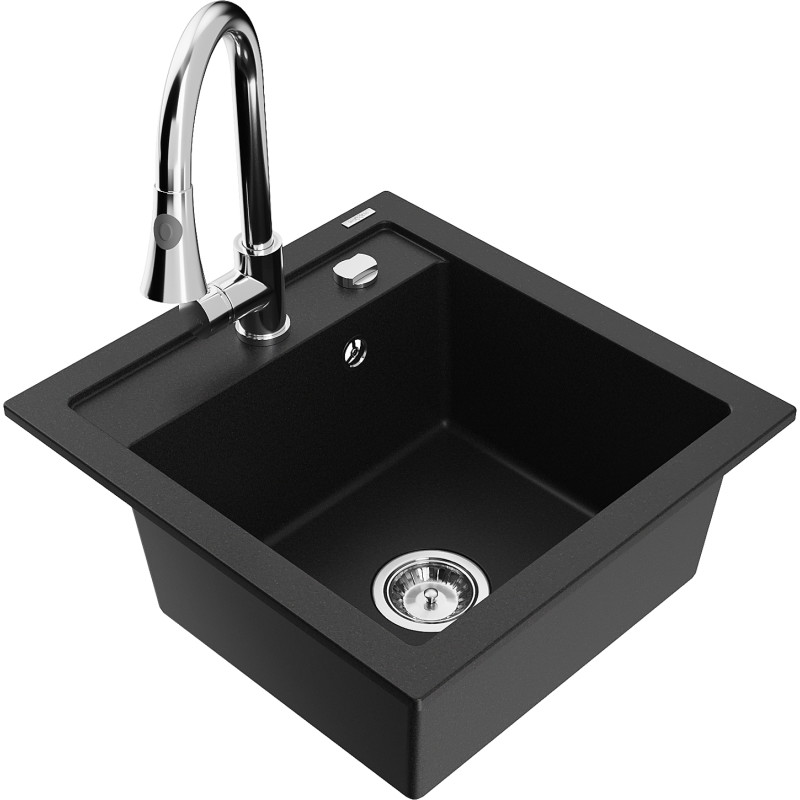 Mexen Vito fregadero de granito de 1 compartimento con grifo de cocina Elia, negro - 6503-77-670101-00