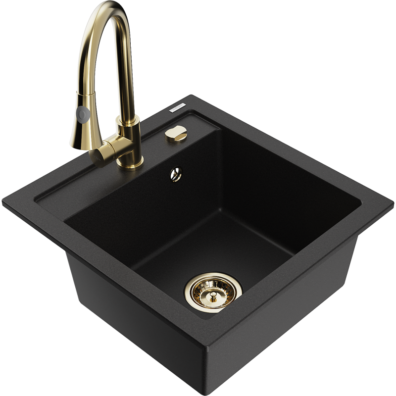 Mexen Vito granīta virtuves izlietne ar 1 nodalījumu un Elia jaucējkrānu, melns - 6503-77-670101-50