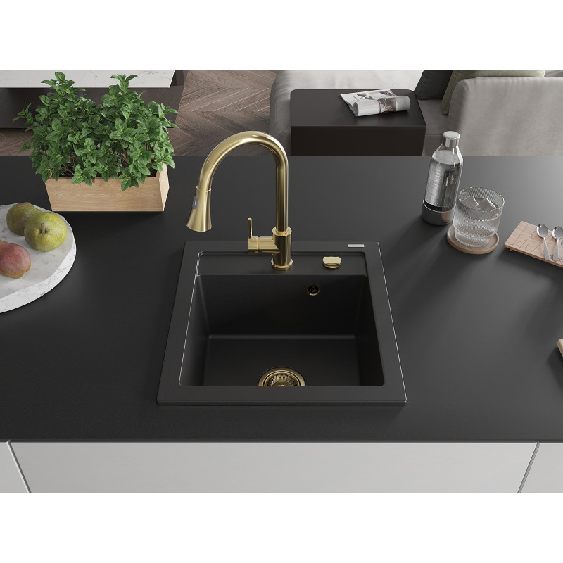 Mexen Vito fregadero de granito de 1 tazón con grifo de cocina Elia, negro - 6503-77-670101-50