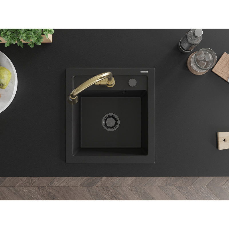 Mexen Vito évier en granit 1 bac avec robinet de cuisine Elia, noir - 6503-77-670101-50-B