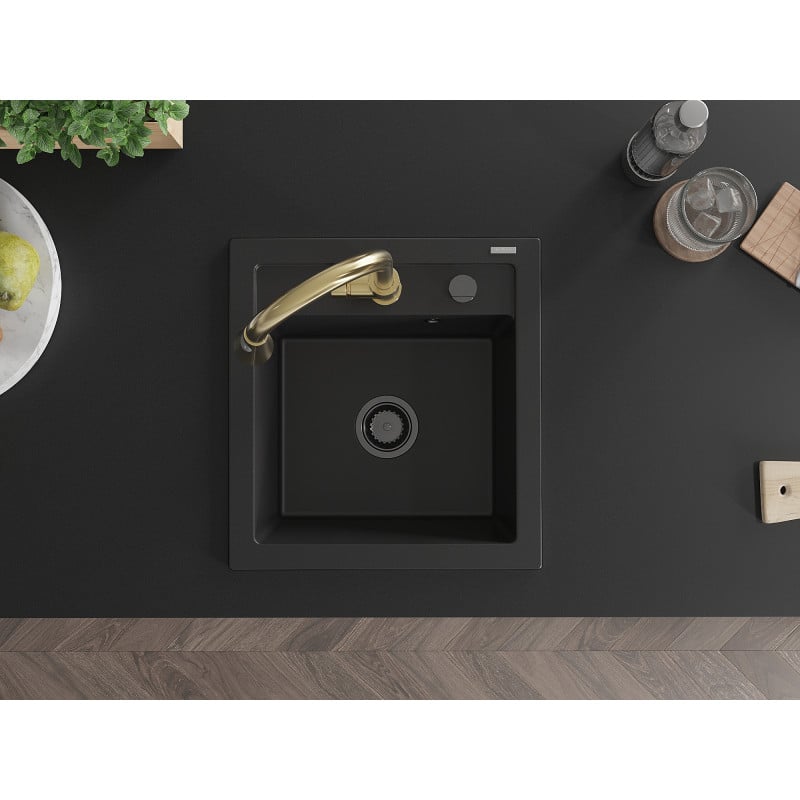 Mexen Vito Granite Sink 1-Bowl with Elia Kitchen Tap, Black - 6503-77-670101-50-B