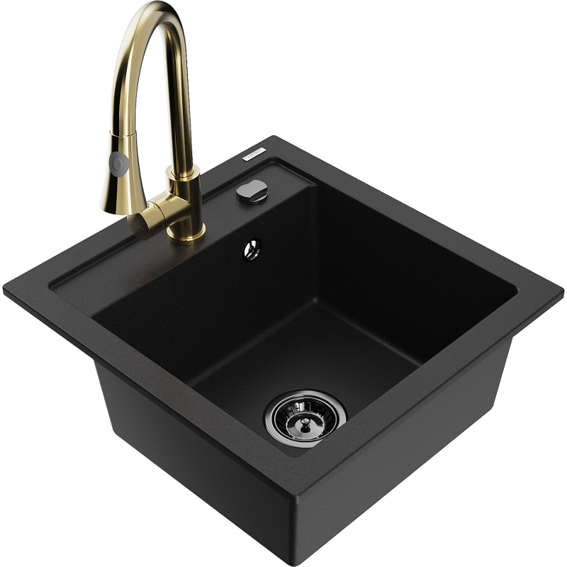 Mexen Vito Granite Sink 1-Bowl with Elia Kitchen Tap, Black - 6503-77-670101-50-B