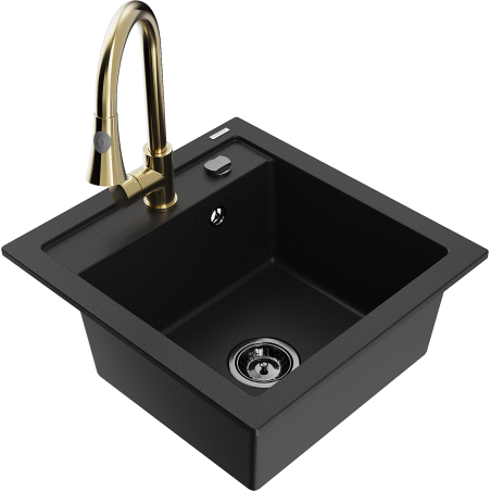 Mexen Vito granite kitchen sink 1-bowl with Elia kitchen faucet, black - 6503-77-670101-50-B