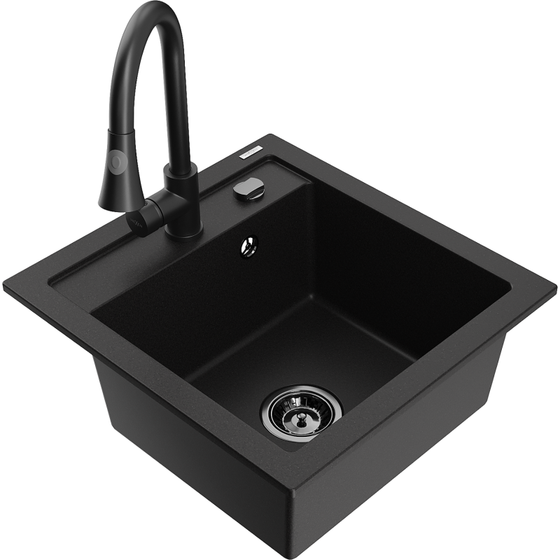 Mexen Vito granīta virtuves izlietne ar vienu nodalījumu un Elia maisītāju, melna - 6503-77-670101-70-B