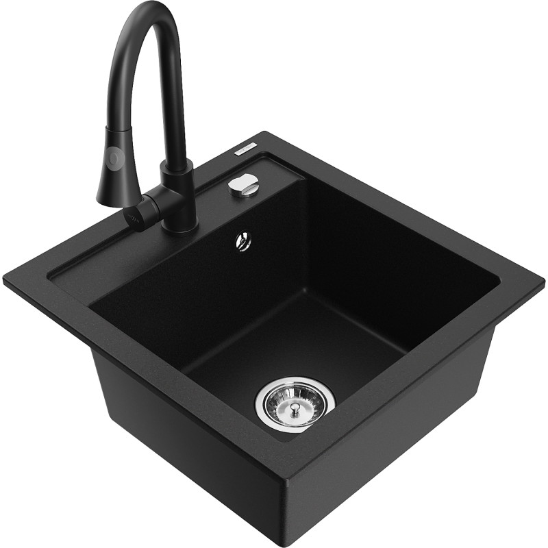 Mexen Vito Fregadero de granito de 1 cubeta con grifo de cocina Elia, negro - 6503-77-670101-70