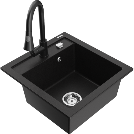 Mexen Vito granieten spoelbak 1-baks met keukenmengkraan Elia, zwart - 6503-77-670101-70