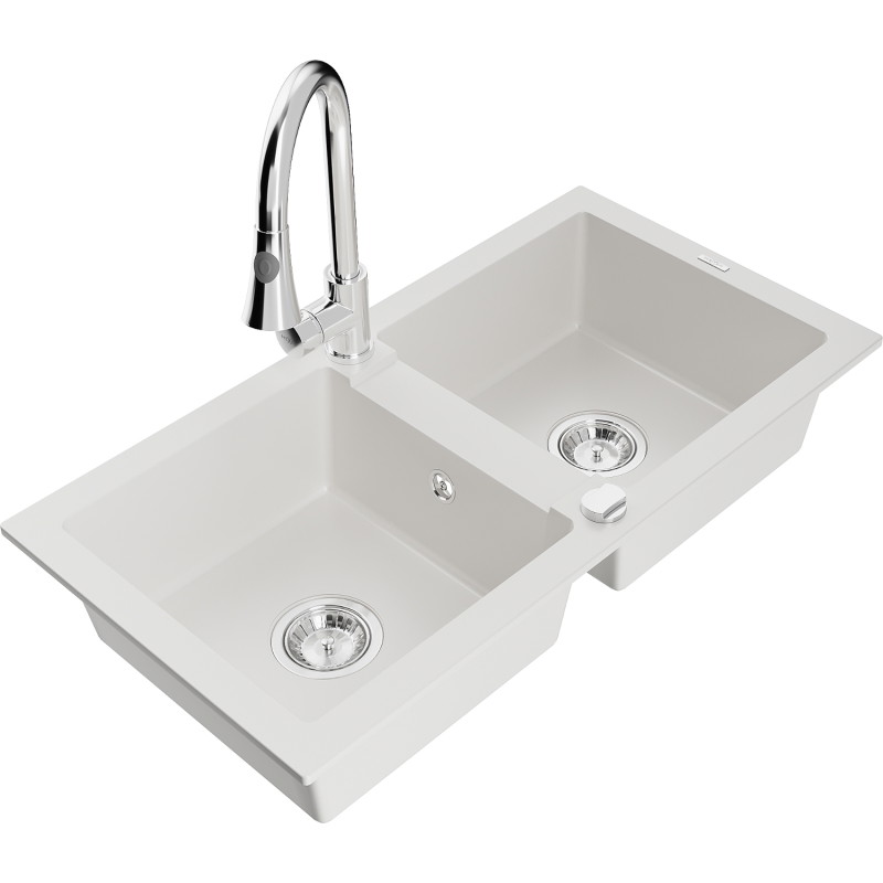 Mexen Mario fregadero de granito de 2 compartimentos con grifo de cocina Elia, blanco - 6504-20-670101-00