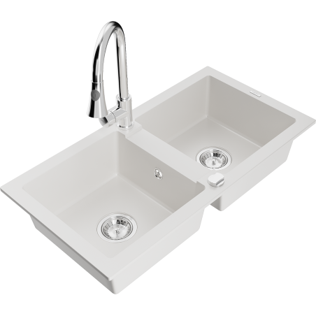 Mexen Mario 2-bowl granite sink with Elia kitchen tap, white - 6504-20-670101-00