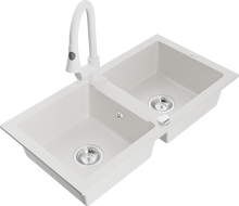 Mexen Mario 2-chamber granite sink with kitchen faucet Elia, white - 6504-20-670101-20