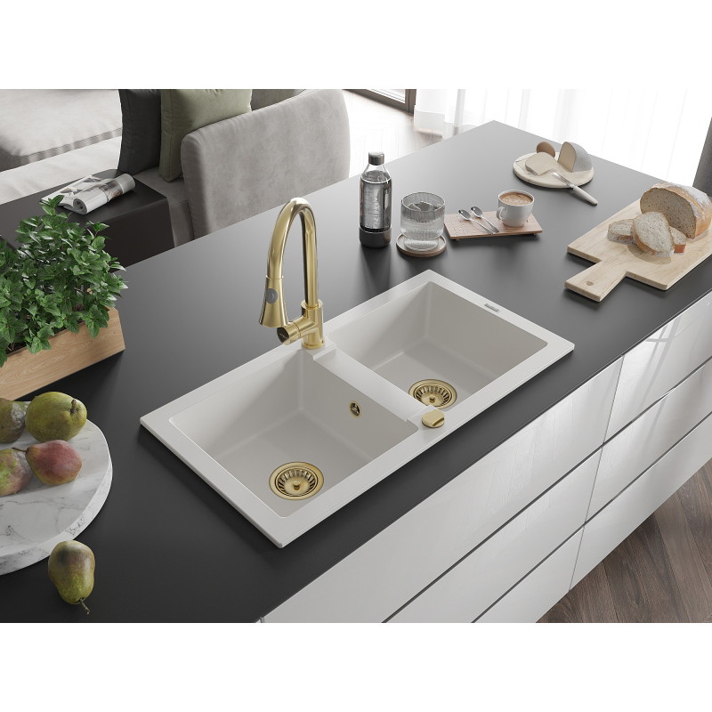 Mexen Mario fregadero de granito de dos compartimentos con grifo de cocina Elia, blanco - 6504-20-670101-50