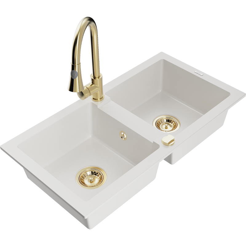 Mexen Mario fregadero de granito de 2 senos con grifo de cocina Elia, blanco - 6504-20-670101-50