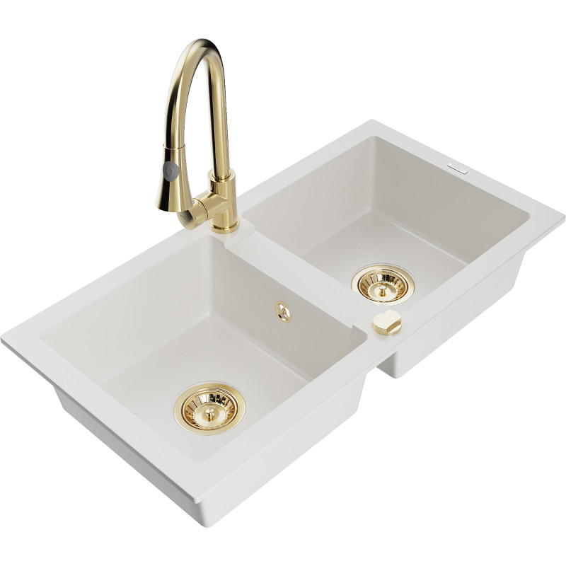 Mexen Mario fregadero de granito de dos compartimentos con grifo de cocina Elia, blanco - 6504-20-670101-50
